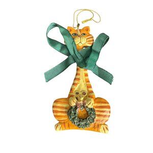 Striped Cat Christmas Ornament With Green Ribbon & Wreath